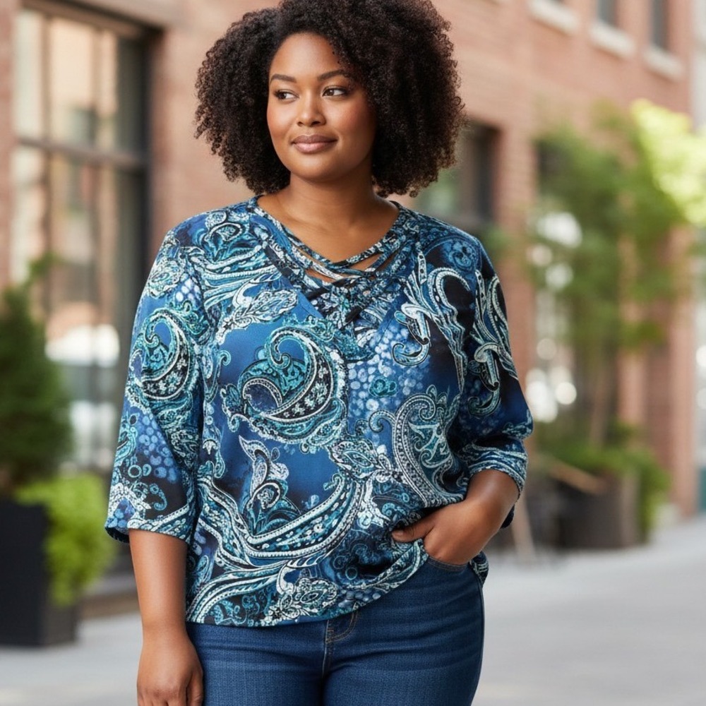 Sami & Jo Paisley Blouse Women Large Teal New Lattice Neck Bell Sleeve Top